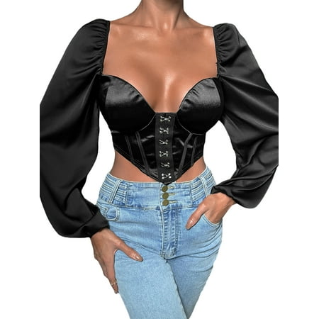 

Ma&Baby Womens Satin Crop Top Ruffle Off Shoulder Tunic Bustier Corset Tops Y2k Clubwear