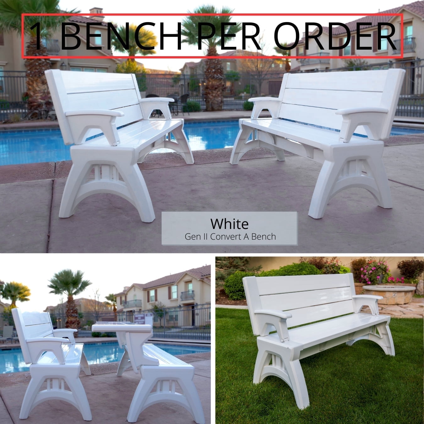 Convert a Bench 60" Folding Vinyl Patio Bench Picnic Table, White - Gen 2
