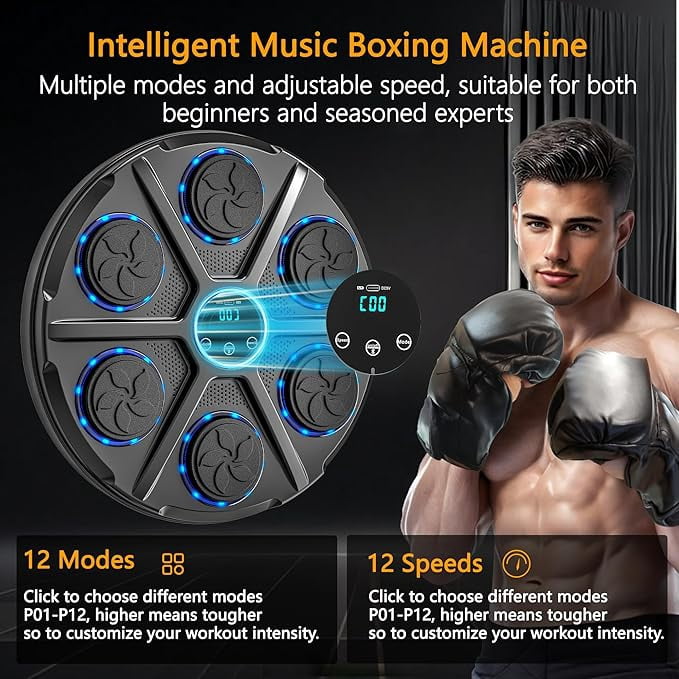 RKXQT 2025 Music Boxing Machine, Smart Bluetooth Music Boxing Training Equipment with Gloves & LED Display, Wall Mounted Machine for Adults and Kids,12 Modes&Speeds, Suitable for Workouts,Home,Gym C