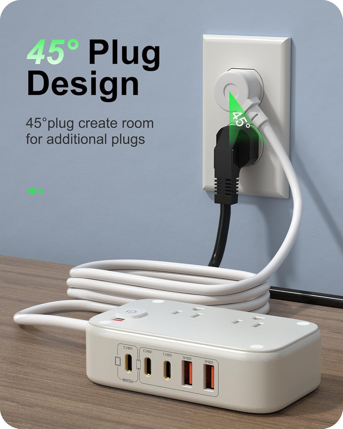 Power Strip with USB Ports, 20W USB C Fast Charging Station, 6FT Flat Extension Cord, 2 AC Outlets, 2 USB-A, 3 USB-C Ports for Multiple Devices (White)