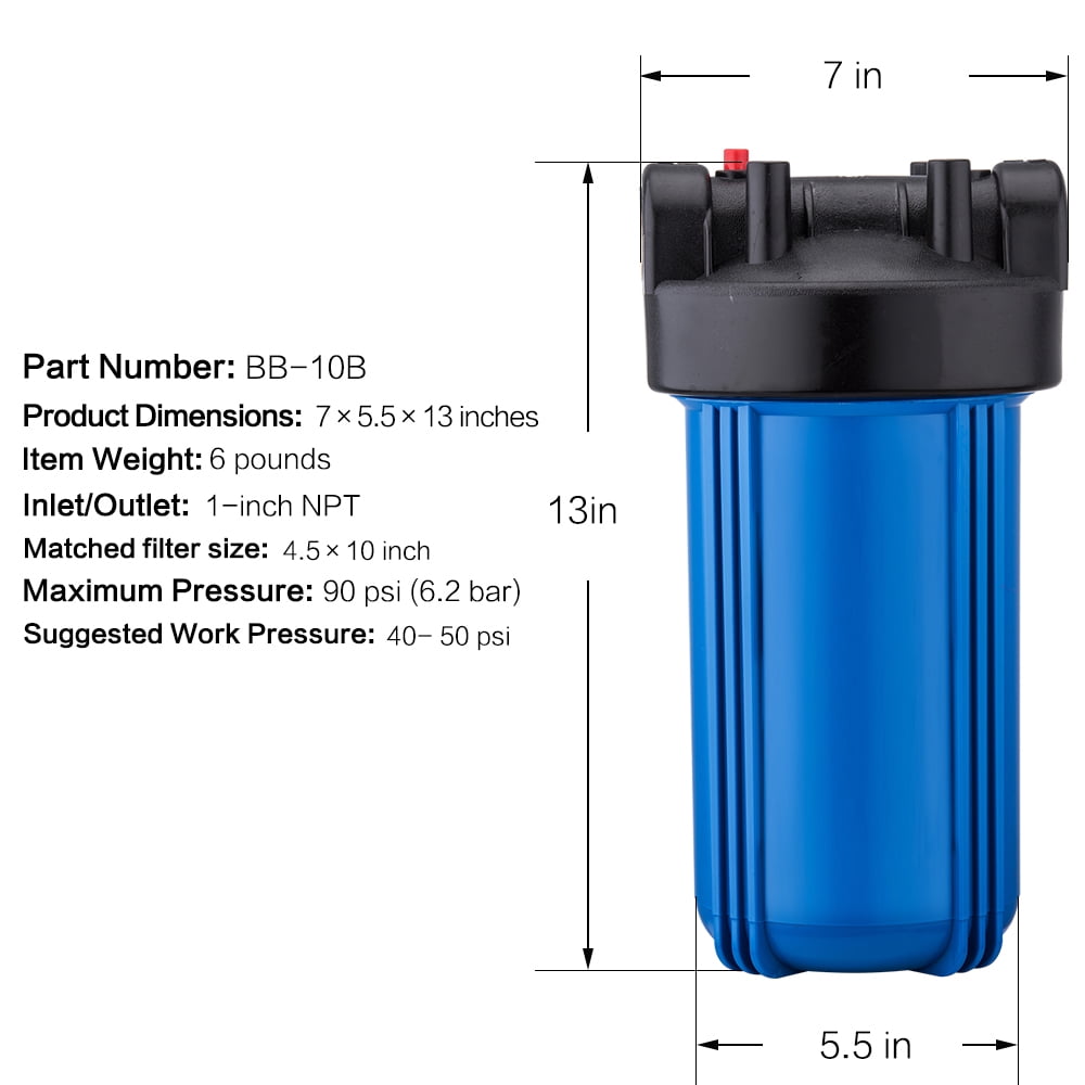 Geekpure 10-Inch Whole House Water Filter Housing 4.5"x10"1-Inch Outlet/Inlet with Wrench and Bracket-Blue Color (4)