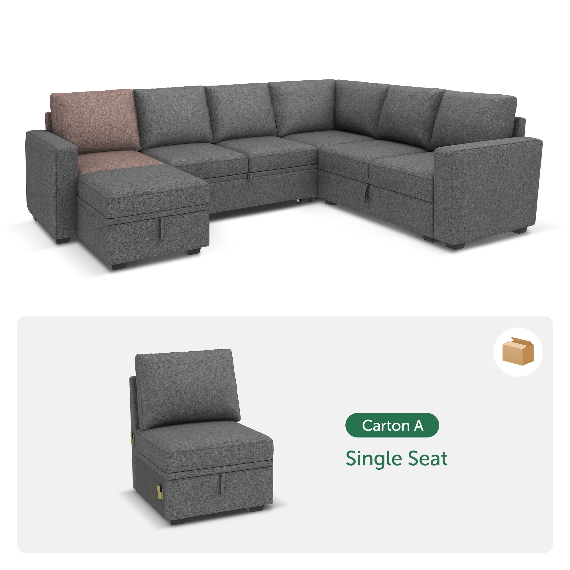 HONBAY Single Seat with Storage for Modular Sectional Sleeper Sofa, Linen Grey