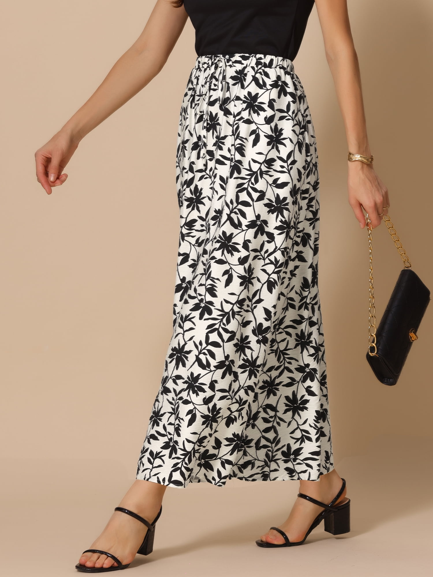 DARING DIVA Women's Floral Summer Elastic High Waisted A-Line Maxi Skirts L Black