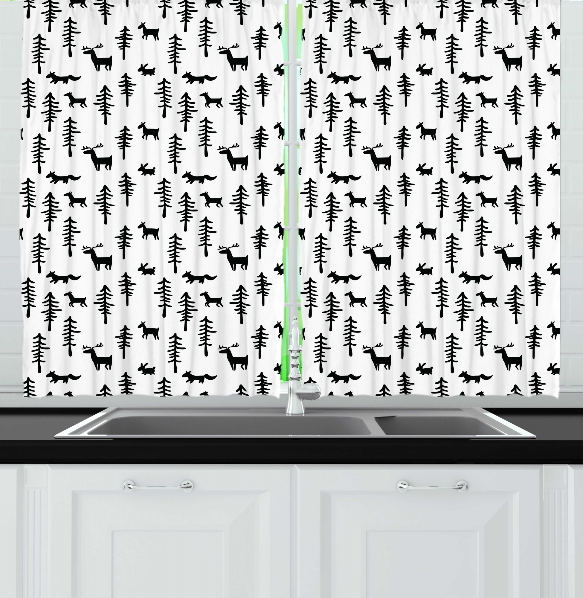 Forest Kitchen Curtains, Christmas Inspired Sketchy Reindeer Pine Trees