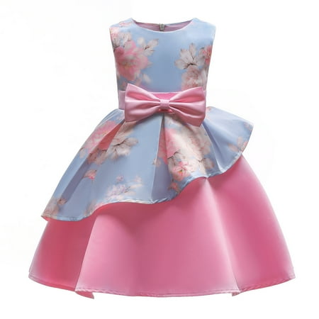 

OLLUISNEO 5-6 Years Little Girls Dress Tube Top Design Sleeveless Party Floral Prints Dress Pink