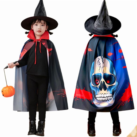 Toddler Kids Boys Girls Halloween Cape with Witch Hat and Skull Print for Festive Holiday Party Dress Up Outerwear Poncho One Size
