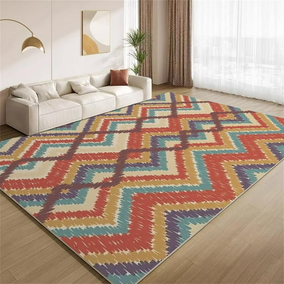 Tapis Rétro à Rayures Multicolores, Tapis au Design de Lignes Ondulées Colorées, Tapis Intérieur Antidérapant à Poil Ras Lavable pour Salon Chambre Ferme Appartement Décoration de la Maison Tapis 5ftx6ft