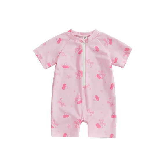 Toddler Baby Girl Rash Guard Swimsuit 0 6 12 18 24 Months 2T 3T Cherry/Bow Print Zipper Short Sleeve Zip Up Bathing Suit