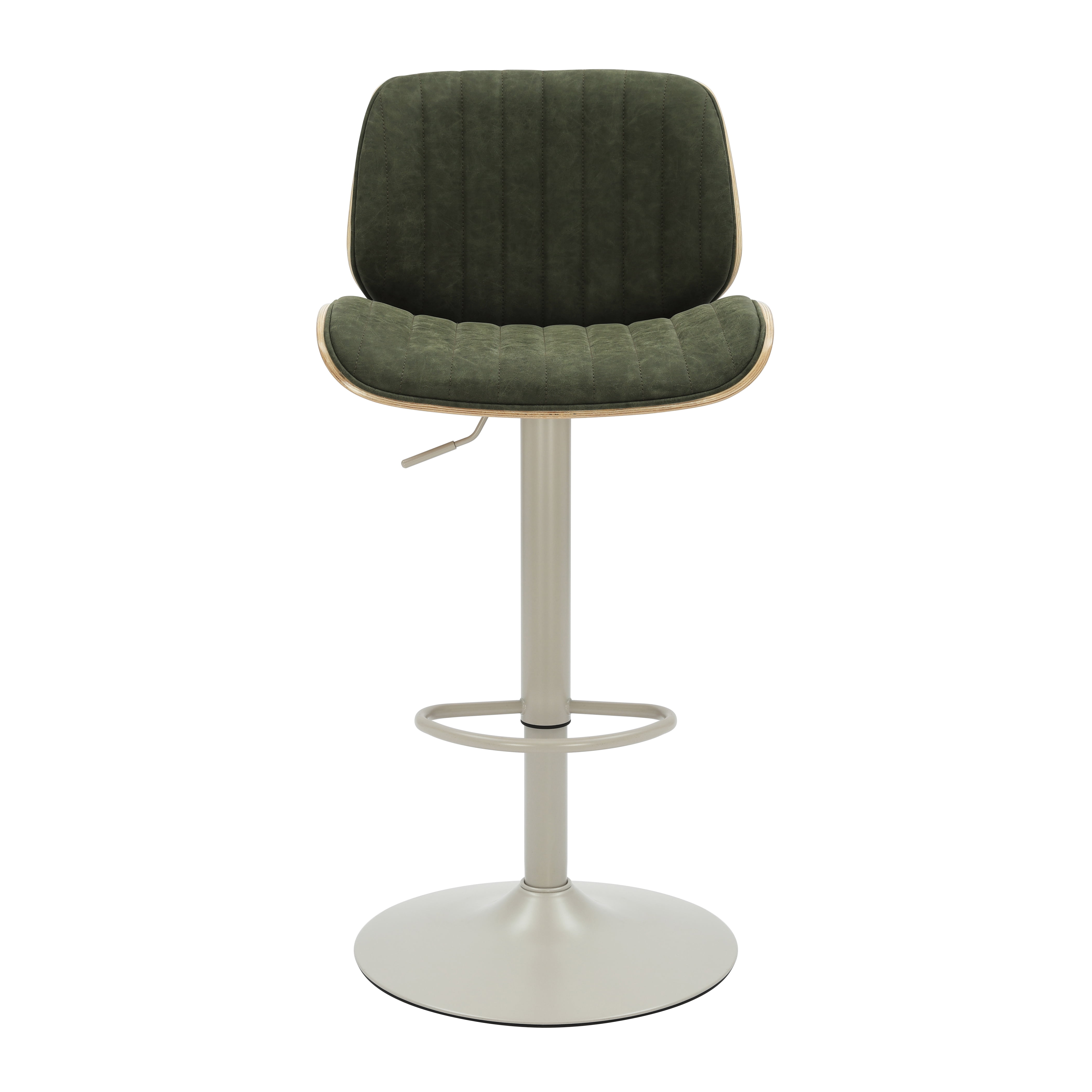 Brock Adjustable Swivel Vintage Green Curved Back Wood Bar Stool with Faux Leather Seat Set of 4