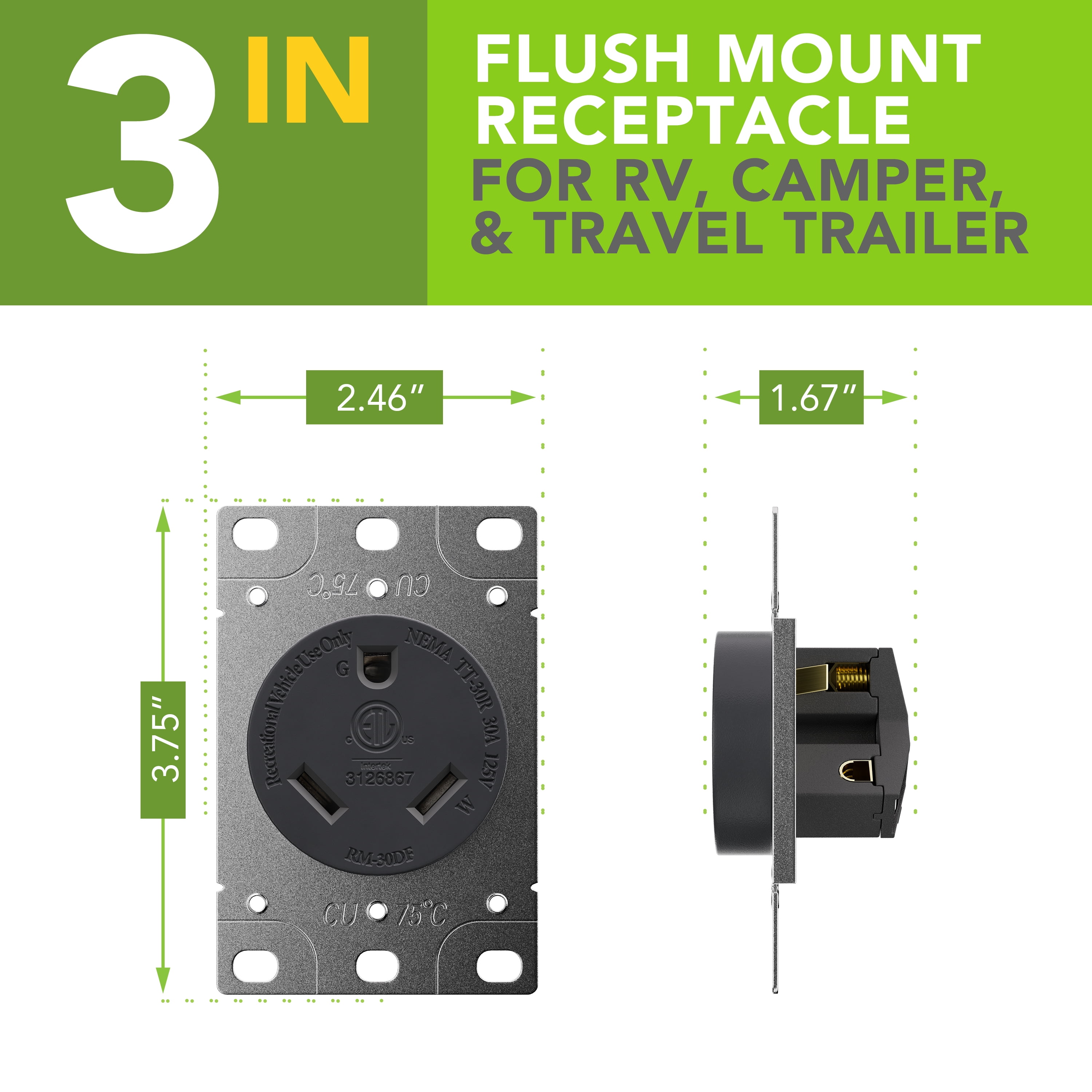 Leisure Cords RV 30 Amp, 125 Volt, NEMA Tt-30R, 2P, 3W Power Receptacle Flush Mounting Receptacle, Straight Blade, Industrial Grade, Grounding, Side Wired, Steel Strap, Black (30-Amp)