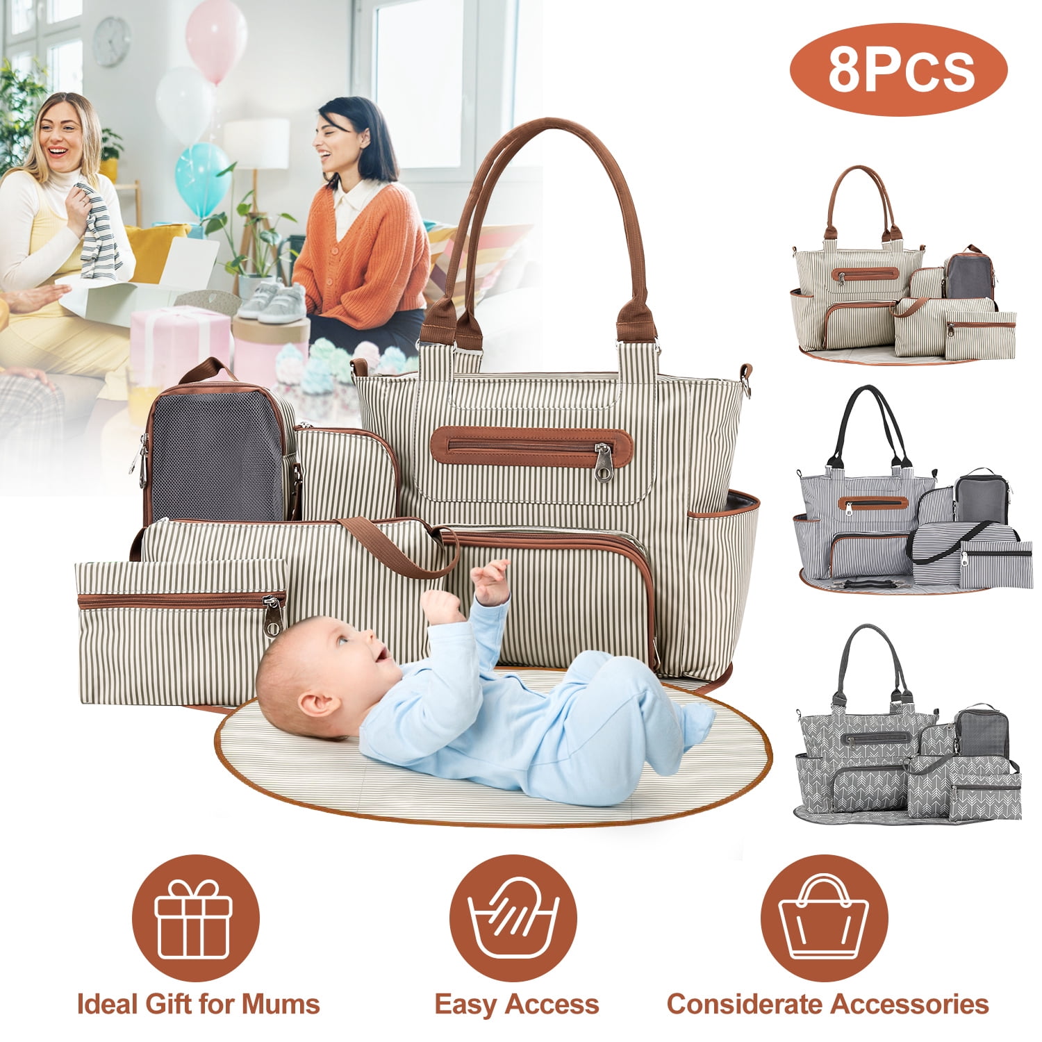 8Pcs Baby Nappy Diaper Bags Set for Mom Dad Mummy Handbags Multifunctional Diaper Changing Bags with Bottle Bag Mesh Bag Purse Diaper Pad 2 Burp Cloth