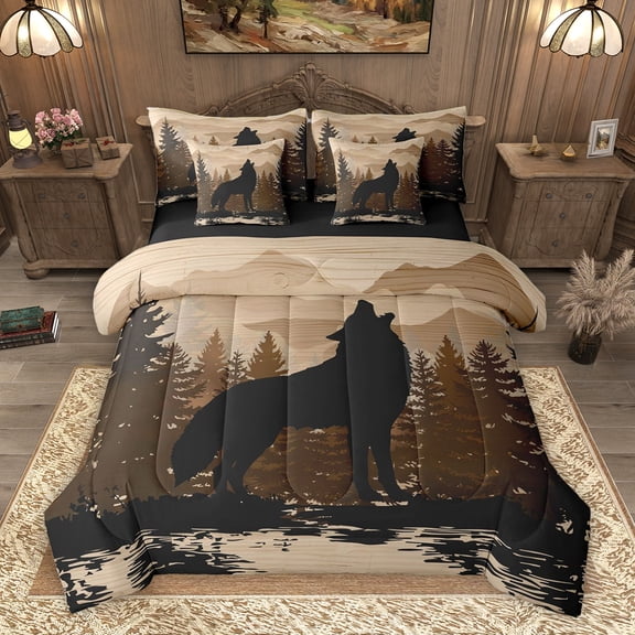 Homewish Rustic Wolf Animal Twin Bedding Sets 7-Piece, Woodland Wildlife Bedding Comforter Set, Countryside Theme Reversible Sheet Sets, Microfiber Bedroom Decor
