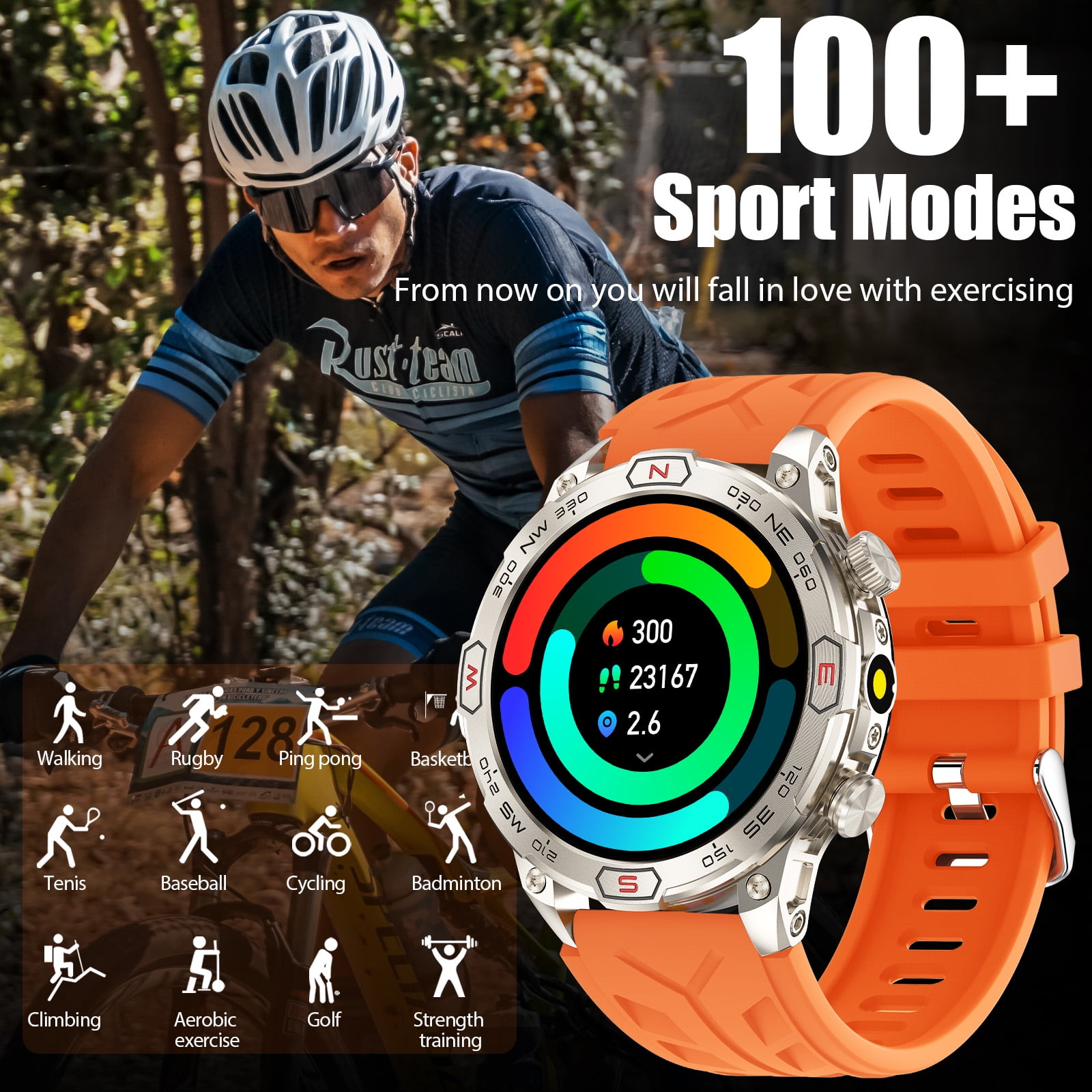 VOPOCO KC86 Smart Watches for Men, 1.43'' AMOLED Touch Screen Rugged Smartwatch with LED Flashlight Compass Altitude, 1ATM Waterproof Outdoor Sport Watch for Android iOS, 1pc, Orange
