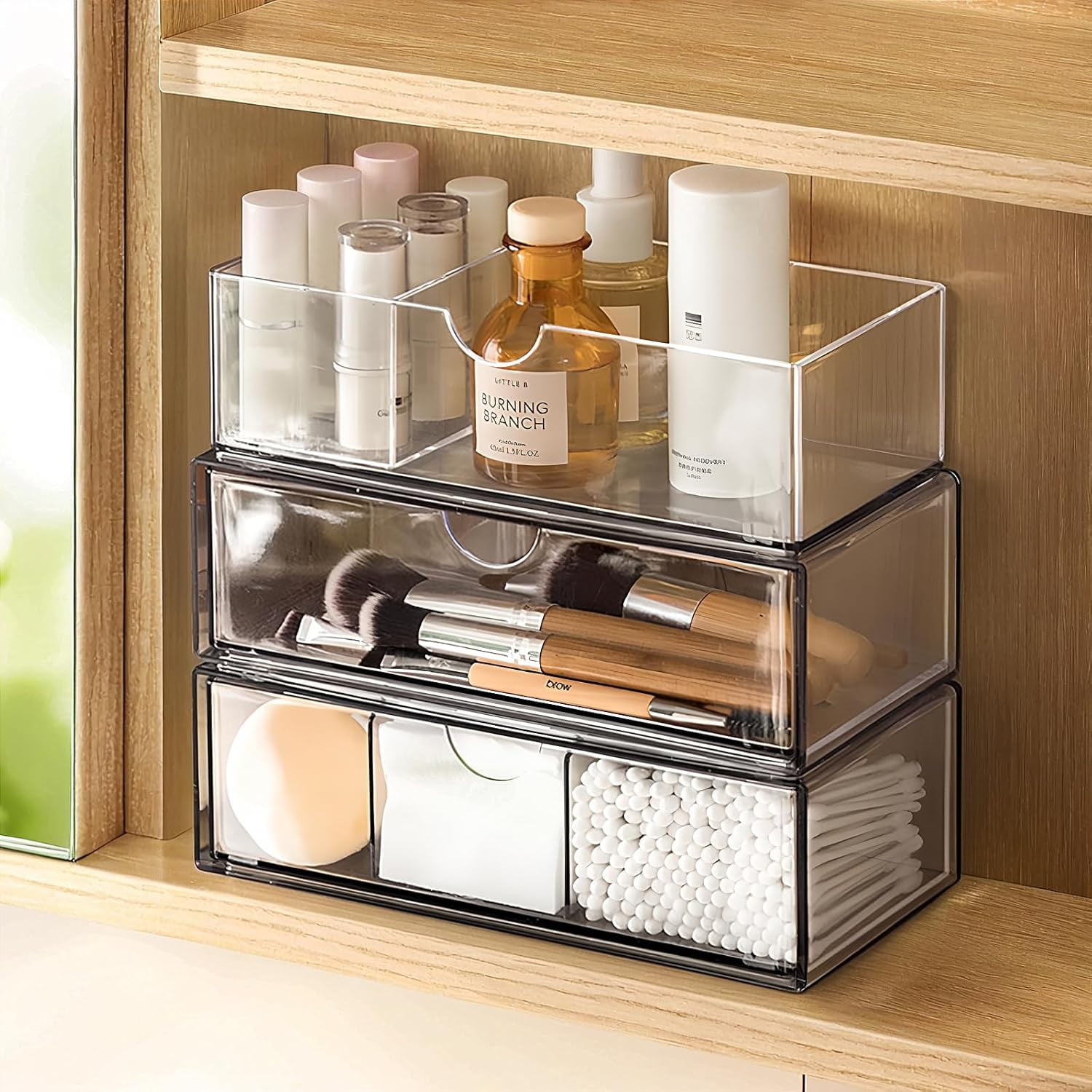 Medicine Cabinet Organizer 3 Pack Plastic Stackable Storage with 2 Drawers Bathroom Mirror Cabinet Organizer with Removable Dividers for Wall Cabinet Vanity Countertop Clear