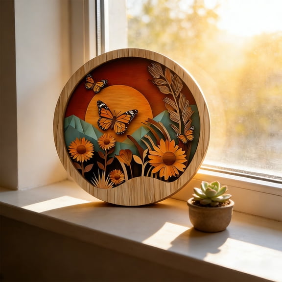 Wildflowers Sunset Wall Art, 7.87" Round Framed Floral Canvas Print, 2D Wooden Garden Decor, Nature Lover Gift for Mom, Boho Hanging Artwork for Home Living Room Office, Warm Yellow Wall Decor,A