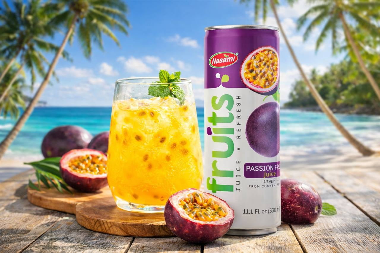 NASAMI Passion Fruit Juice Drink 100% Fruit, No Sugar Added, Tropical Beverage, 11.1 fl oz Cans, Ready to Drink, 24 Pack