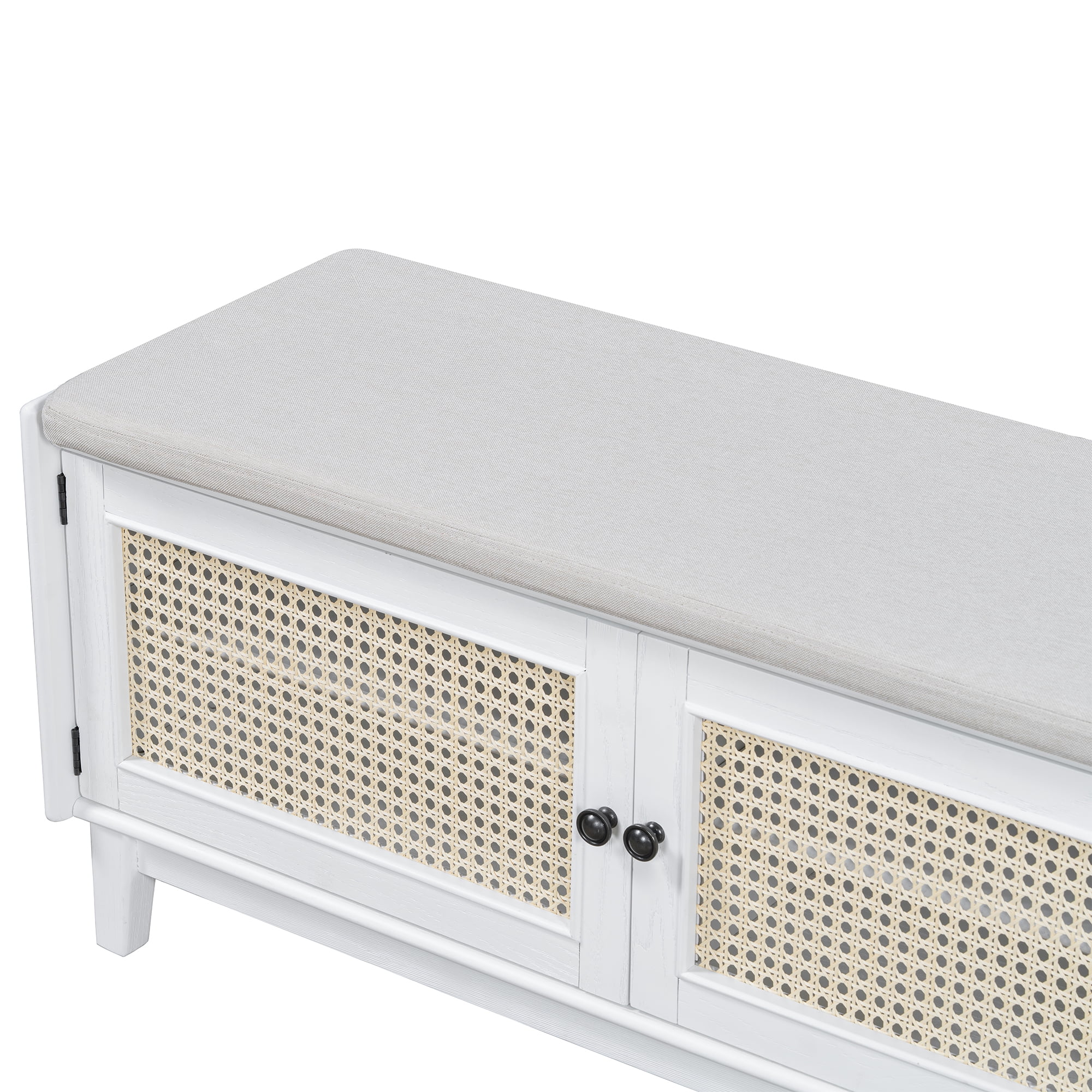Euroco Boho Rattan Entryway Bench with Storage, Cushioned Shoe Bench with Double Doors, Wooden Shoe Organizer Bench for Entryway and Hallway (White+Beige )