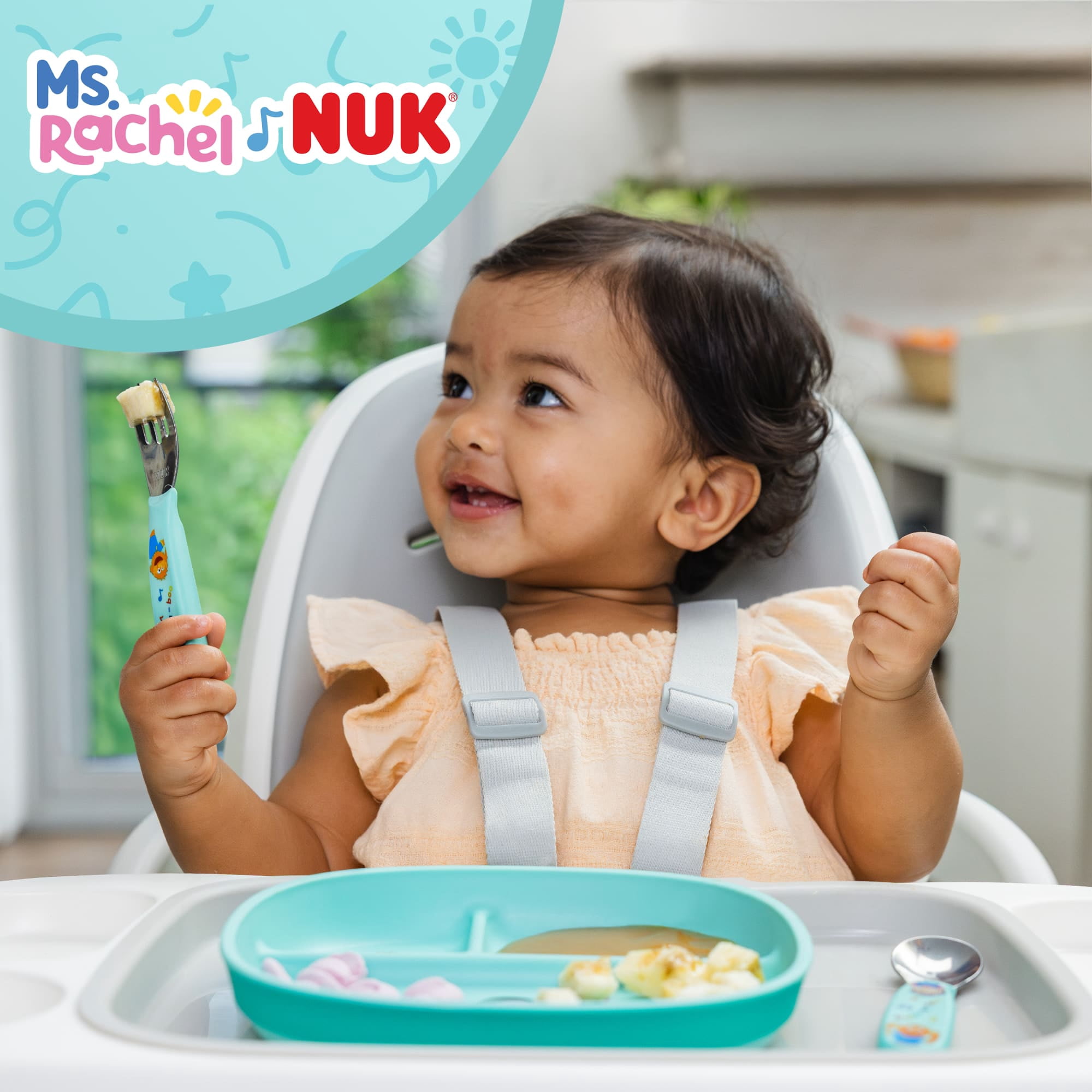 NUK Ms. Rachel Toddler Kids Tableware Set with Bowl, Spoon and Fork, 4-Piece