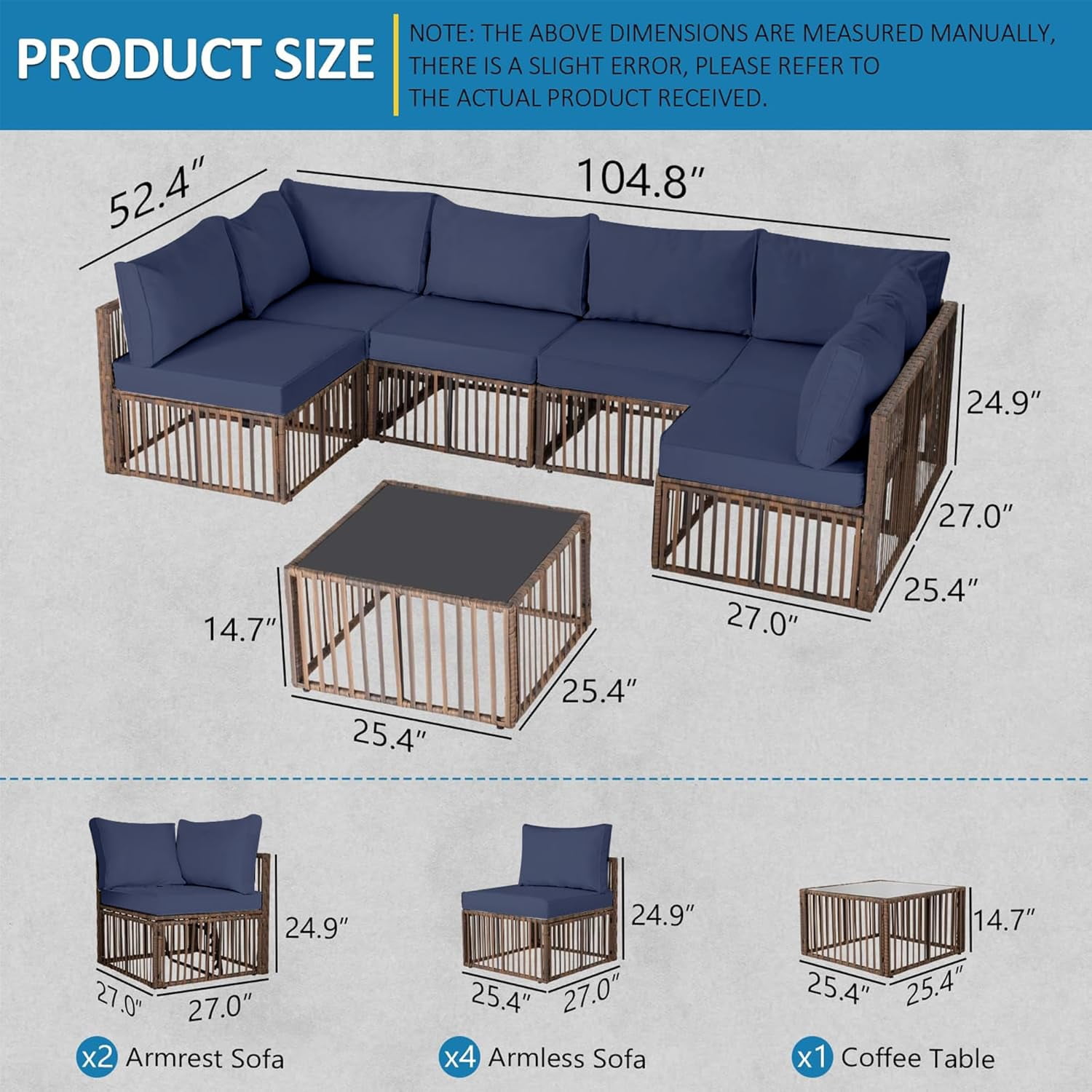 Ainfox 7 Pieces Outdoor Wicker Patio Furniture Set, Adjustable Backrest Sectional Conversation Couch with Thick Cushions & Coffee Table for Garden Porch Poolside, Brown/Blue
