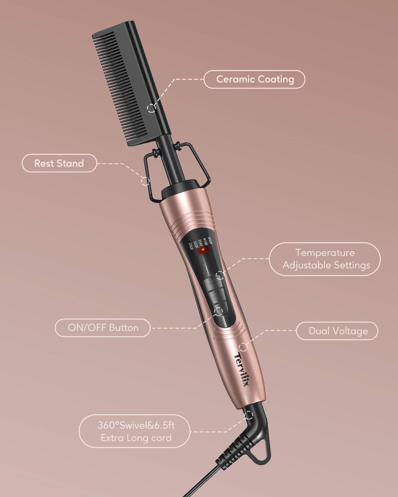 Terviiix Electric Hot Comb, Pressing Combs for Black Hair, Anti-Scald Straightening, Rose Gold