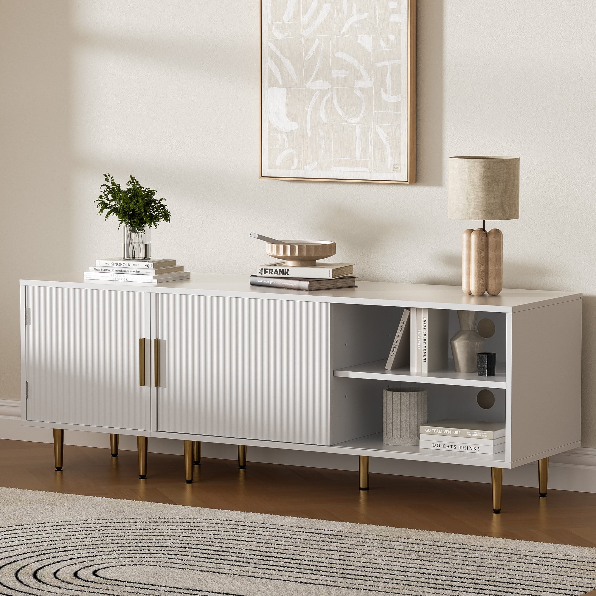Combined Modern TV Stand For 55/60/65Inch TV,Small Entertainment Center With Adjustable Shelf,TV Media Stand With Storage Cabinet, TV Console With Gold Legs For Living Room,Bedroom,White