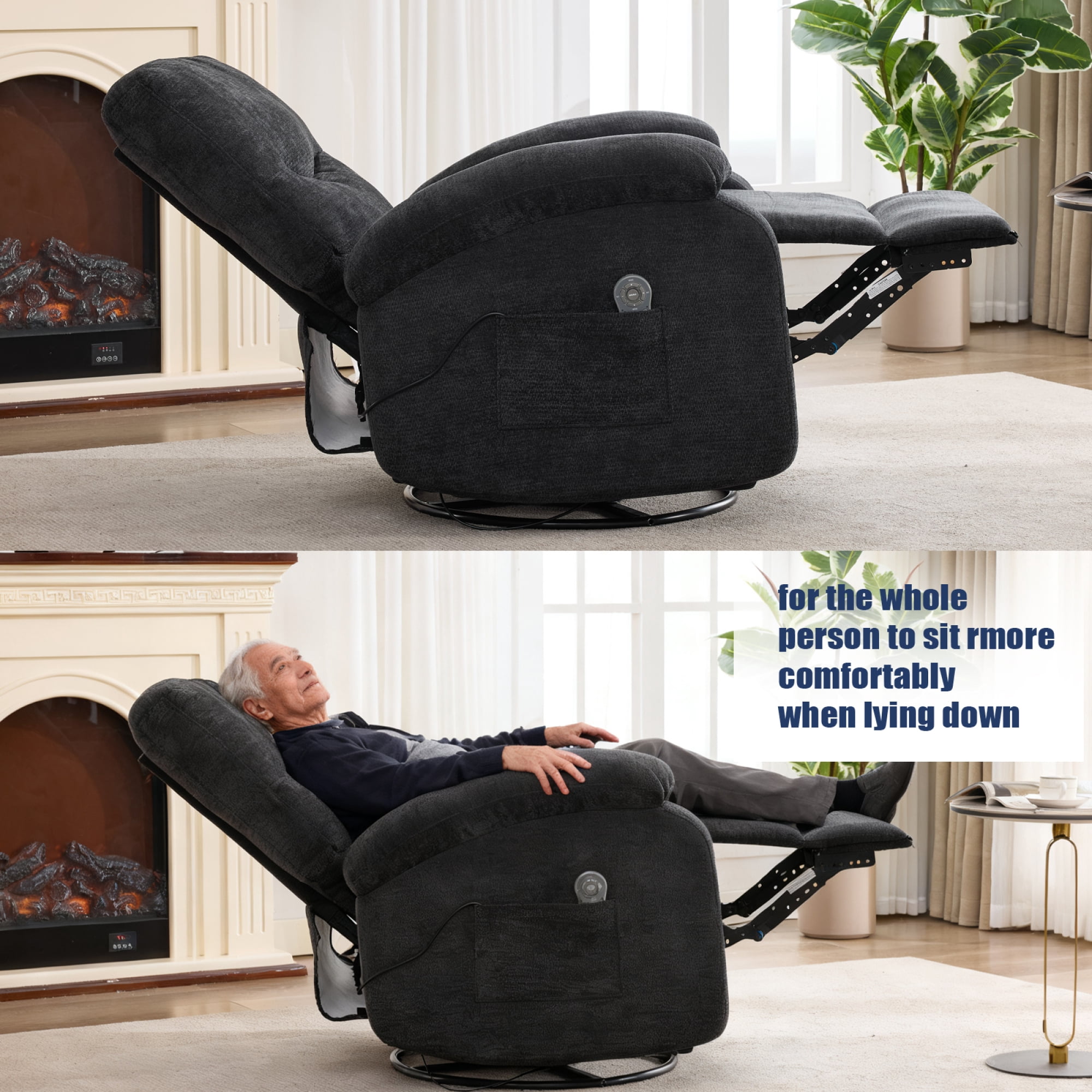 Leumius Swivel Recliner Chair for Elderly,360° Swivel Rocker Recliners with Heat and Massage,Single Rocker Sofa Nursery Glider with Cup Holder and Side Pockets,Black