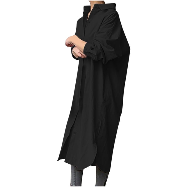 Chemises en Lin pour Femmes à Boutons, Robe Longue à Manches Longues, Col à Revers, Col en V, Unie, Blouses Classiques, Robe Décontractée, Robe Mode