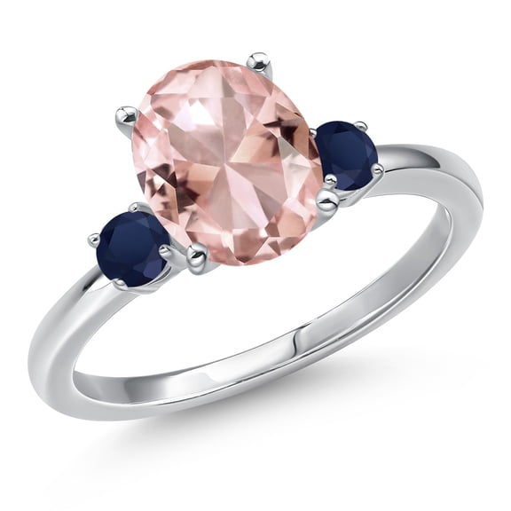 Gem Stone King 14K White Gold Peach Nano Morganite and Blue Sapphire Engagement Ring for Women | 2.62 Cttw | Oval 10X8MM | Gemstone October Birthstone | Size 6