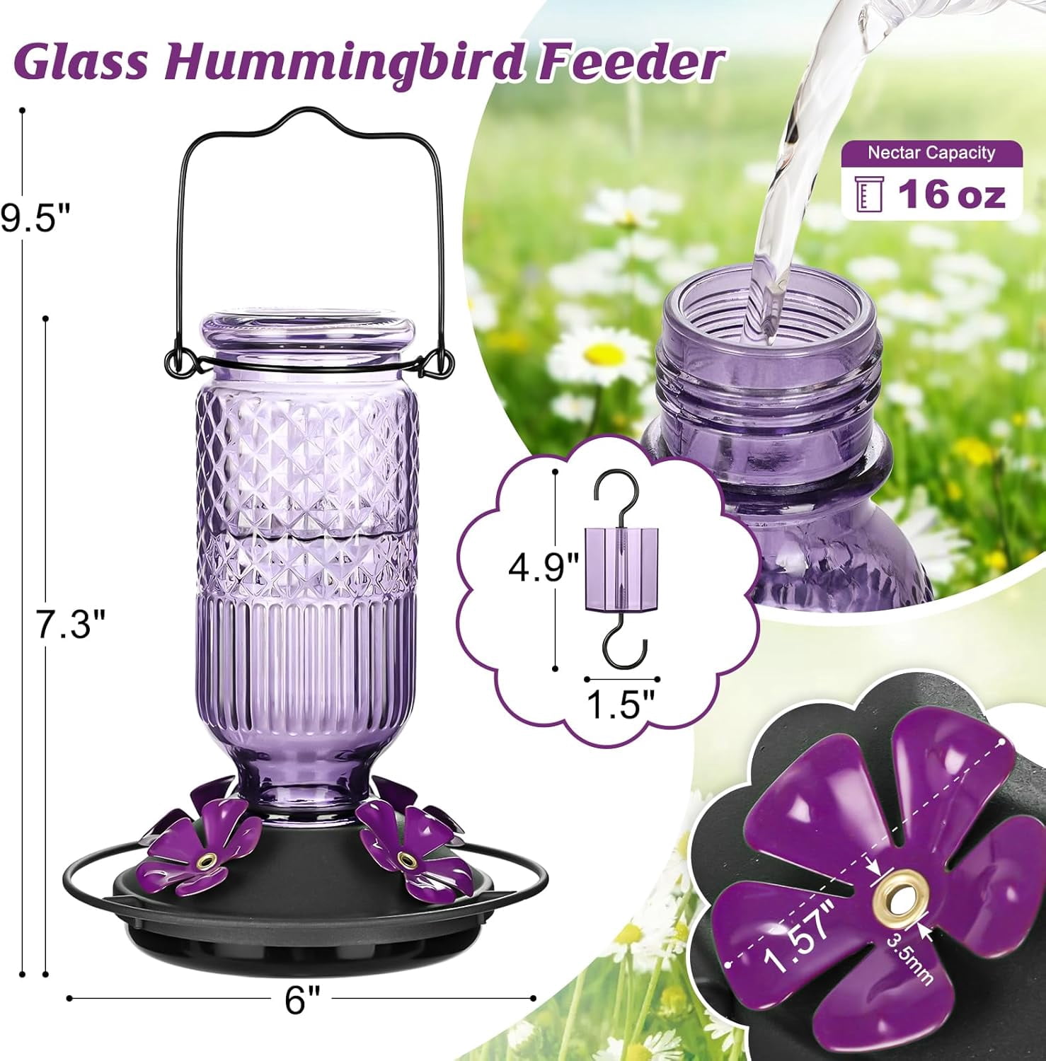 Glass Hummingbird Feeder 16 oz Hanging Outdoor Feeder with Bee-Proof Ports, Ant Moat, Leakproof, Easy to Clean & Refill, 360° Perch, Purple