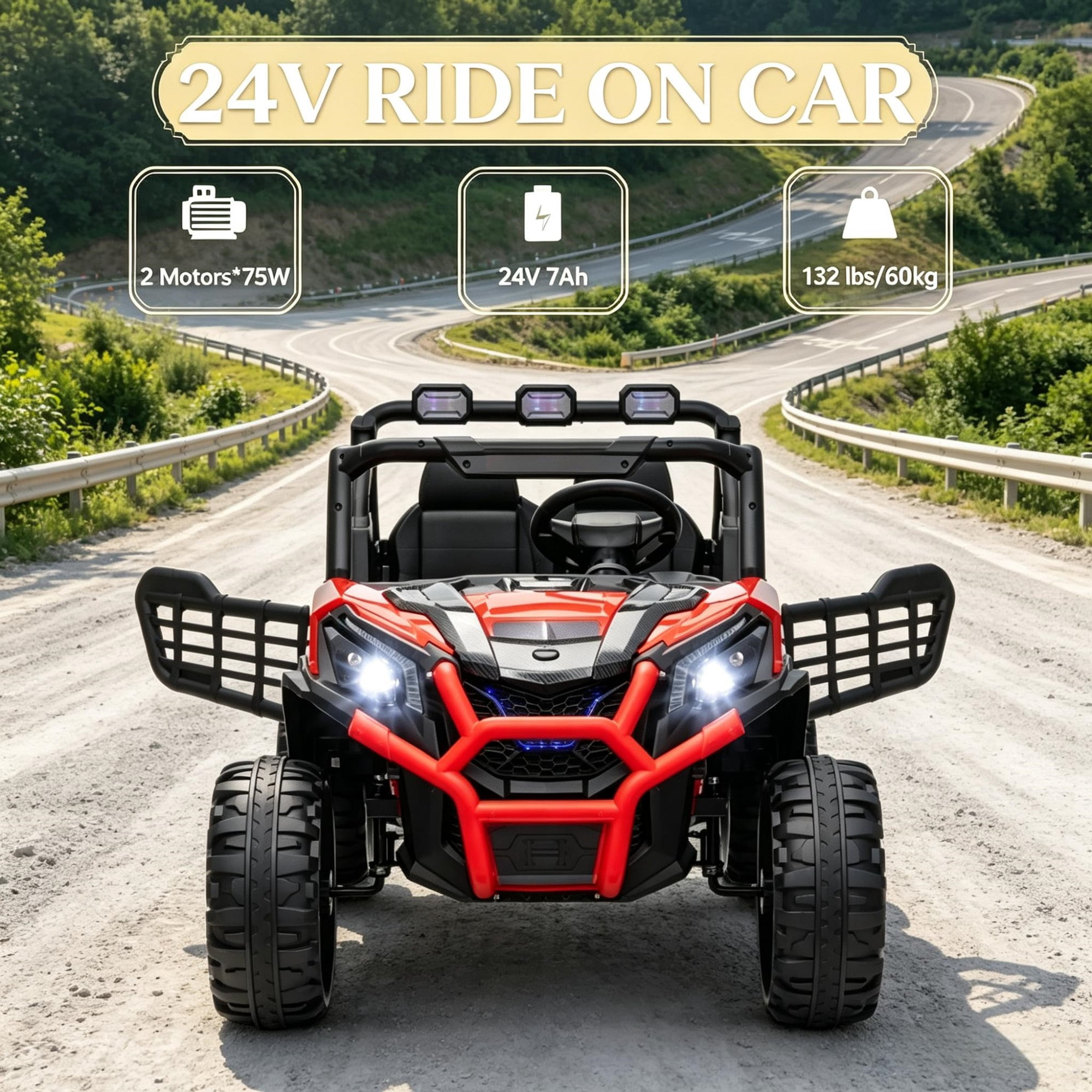 2 Seater 24V Kids Electric Car, Remote Control 3 Speed LED Lights Music Horn Spring Suspension Slow Start, Red