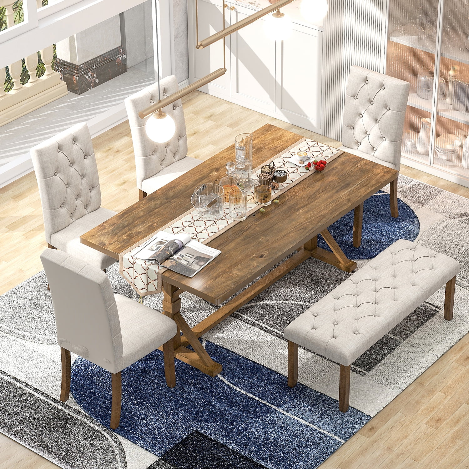 Kadyn 6-Piece Farmhouse Dining Table Set, 72" Wood Rectangular Table for Home Dining Room, 4 Upholstered Dining Chairs with Bench, Walnut