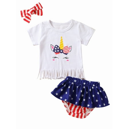 

Canrulo Summer Independence Day Infant Baby Girls Outfits Short Sleeve T-Shirt/Romper Star Stripe Flared/Triangle Pants Clothes Blue 3Pcs 18-24 Months