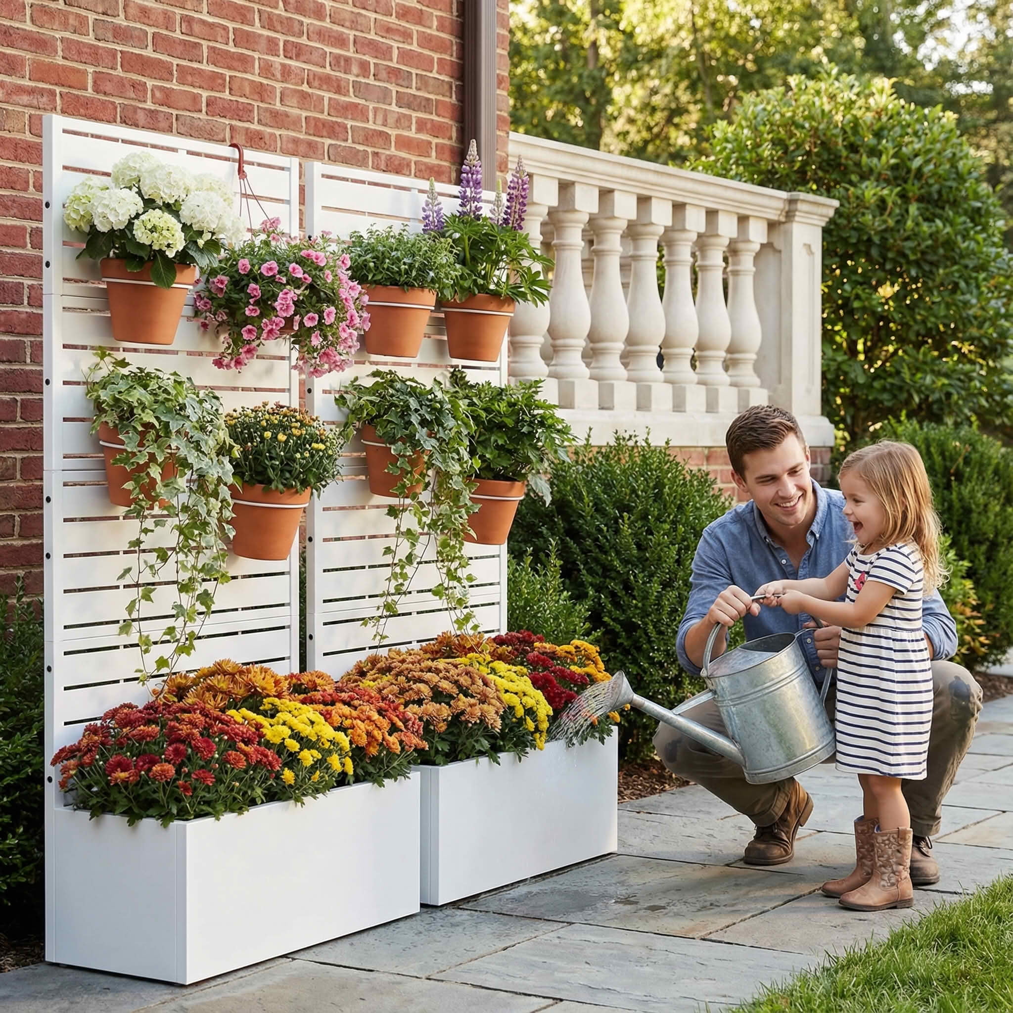 MAYEERTY 59x30 White Double-sided Rectangular Iron Planter Box with Trellis, 4 Piece Set Decorative Garden Screen for Patio and Balcony