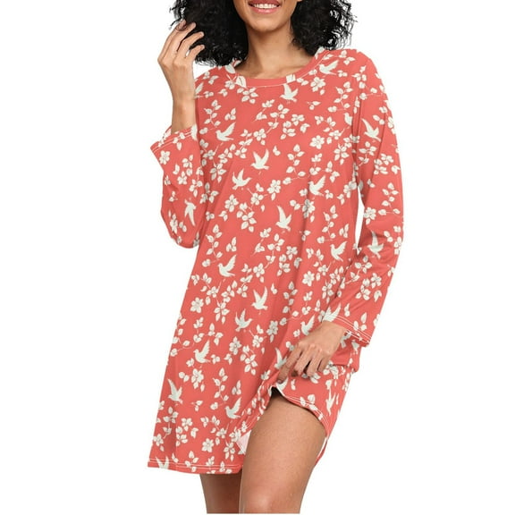 joogoo Red Floral Bird Women's Long Sleeve Nightgown Sleepwear L