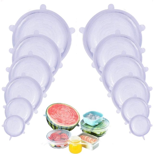 Tapas SiliconTapas Elásticas para Cualquier Formar de Silicon Circulares Reusables Set de Tamaños Diferentes Anti-Derrames para Mantener los Alimentos Frescos Libre de BPA, 12 piezas, Blanco Lutema Silicon