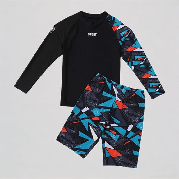 REDARER Boys' 2-Piece Swim Set – "SPORT" Graphic Rash Guard Geometric Accent Trunks, Comfortable Pool & Beach Swimwear,160