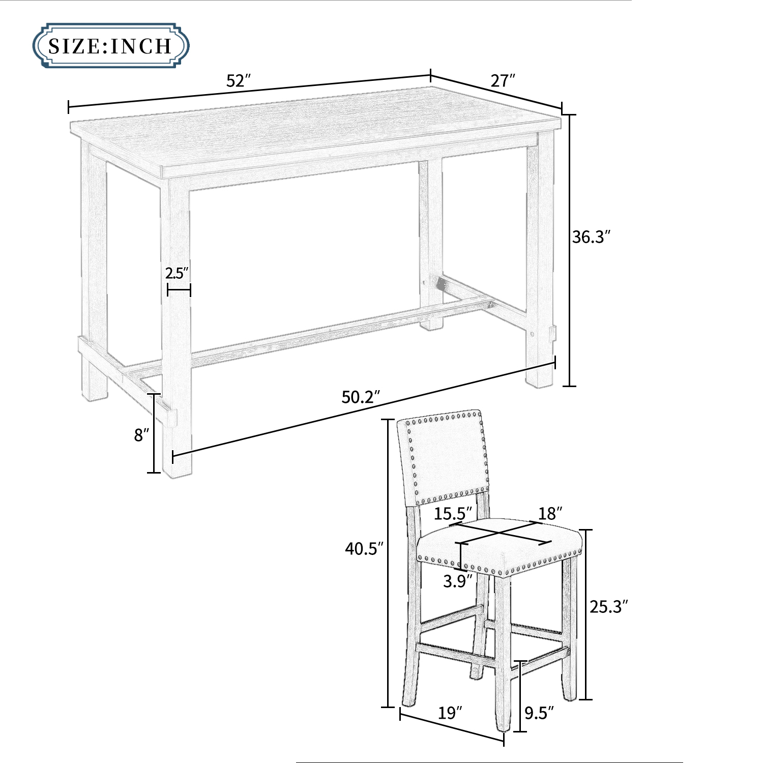 Euroco 5 Piece Dining Table Set  for 4, 52" Counter Height Table Set with 4 Chairs  for Small Space