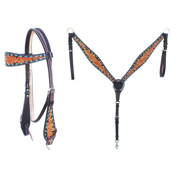 Horse Western Floral Tooled Browband Bridle Breast Collar Tack Set Turq 78HR24B
