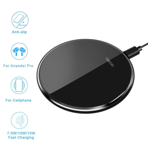 Wireless Charger 15W Max Fast, Qi-Certified Metal Glass Fast Wireless Charging Pad for iPhone 12/12 Pro/12 Pro Max/11/11 Pro Max/XS Max/XR/X/8, Galaxy S20/S10/S9/S8,(No AC Adapter), Black