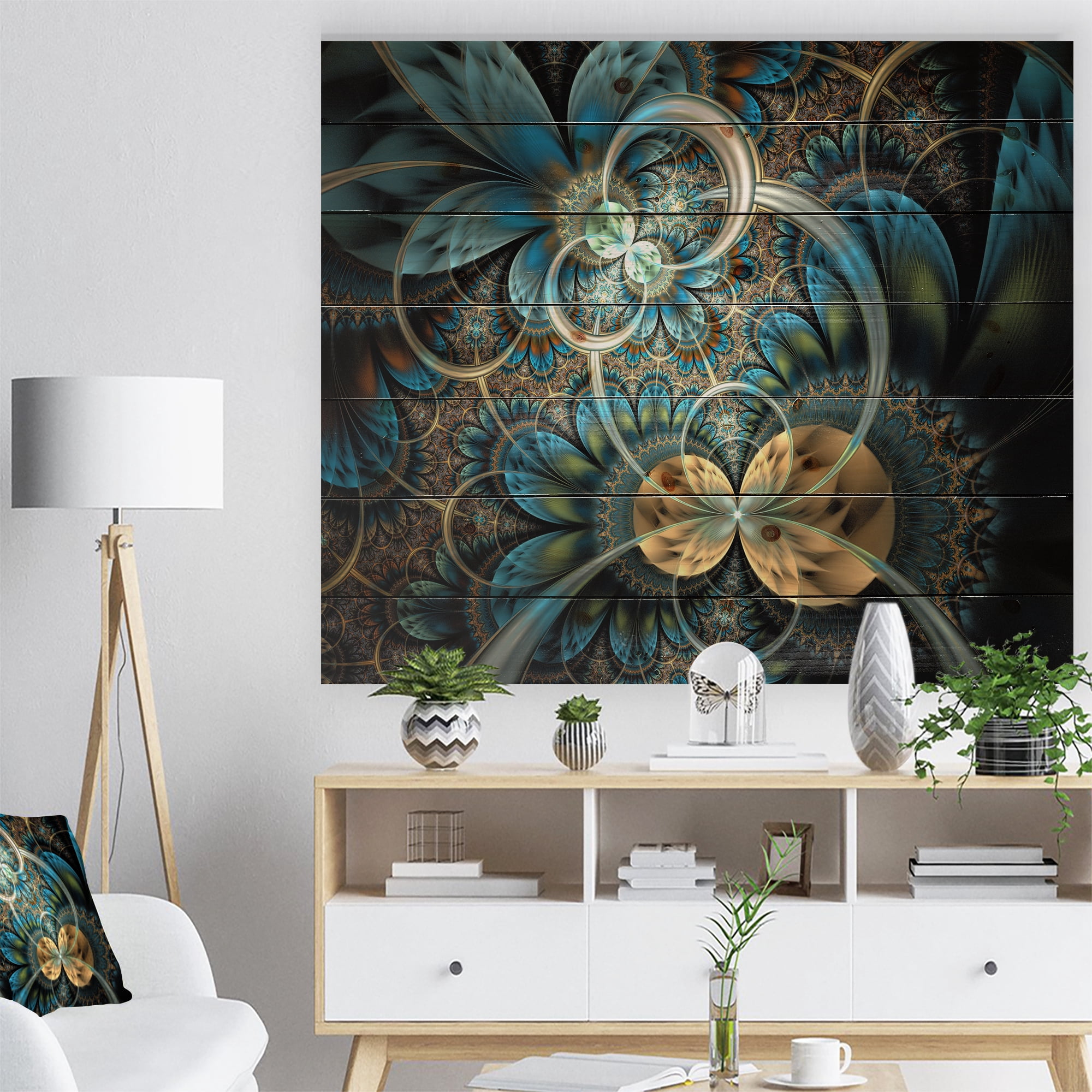 Designart 'Symmetrical Gold Blue Fractal Flower' Abstract Print on Natural Pine Wood