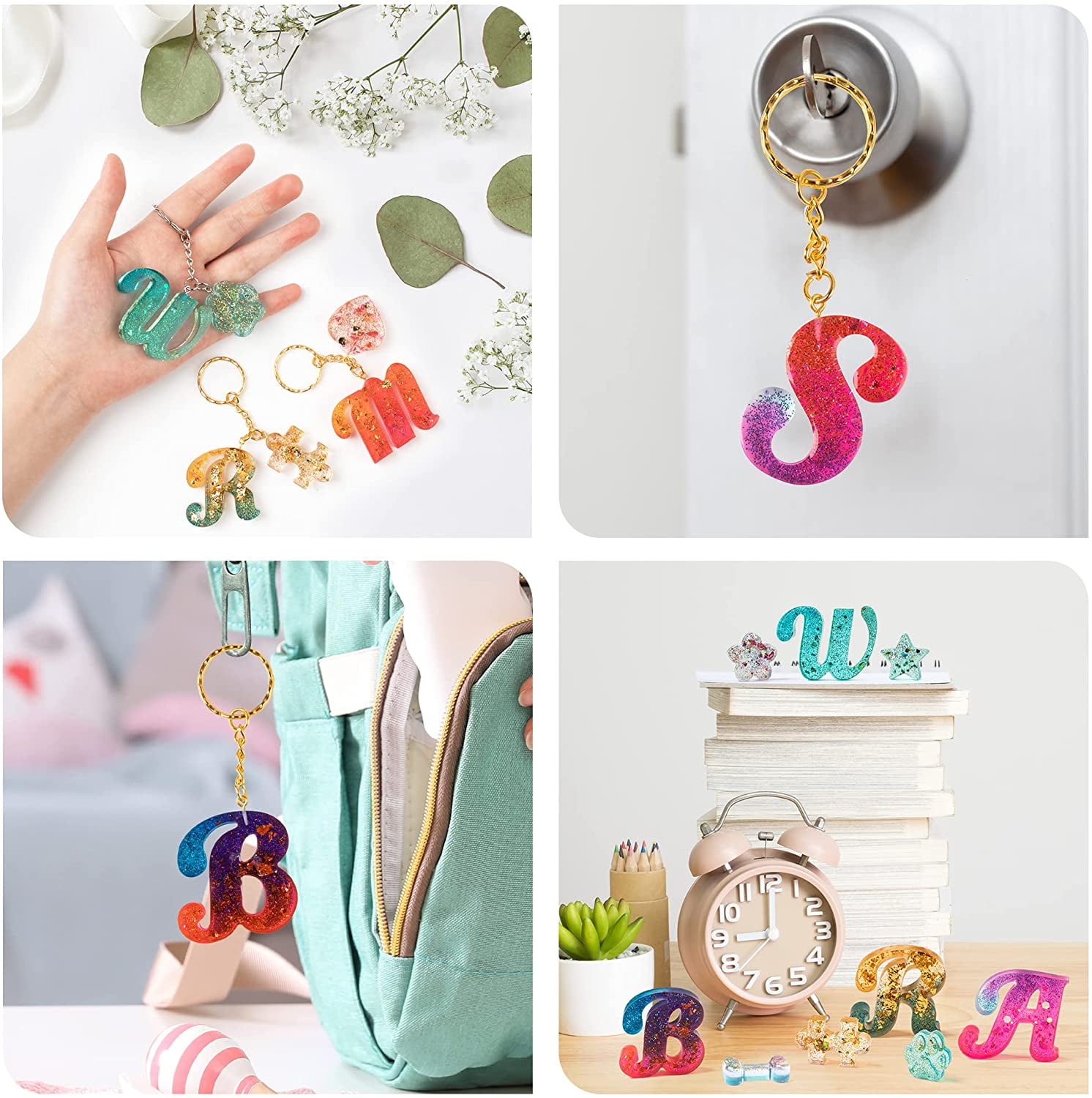 Mocoosy 182Pcs Fancy Alphabet Resin Molds Silicone Kit, Reversed Letter Keychain Epoxy Resin Casting Molds, Resin Key Chain Making Set with 1 Hand Drill 2 Drill Bits 30 Key Rings 100 Screw Pins