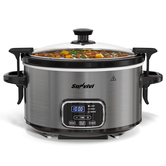 Sunvivi 4QT Digital Slow Cooker, Programmable Crock Pot with Locking Lid, Timer, 3 Heat Settings & Removable Ceramic Insert, Gray
