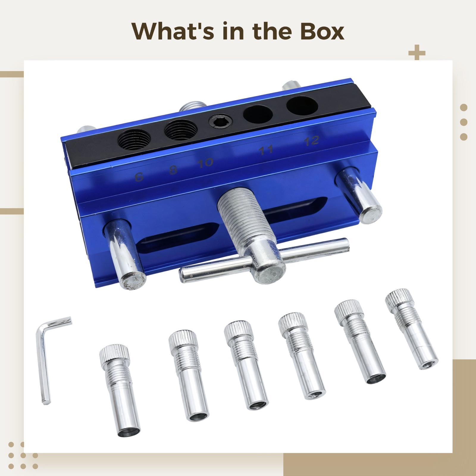 Self Centering Doweling Jig, Adjustable Doweling Jig, Straight Hole Drilling Guide, Precision Woodworking Tool with Multiple Drill Sizes, High Durability, Blue Aluminum Body