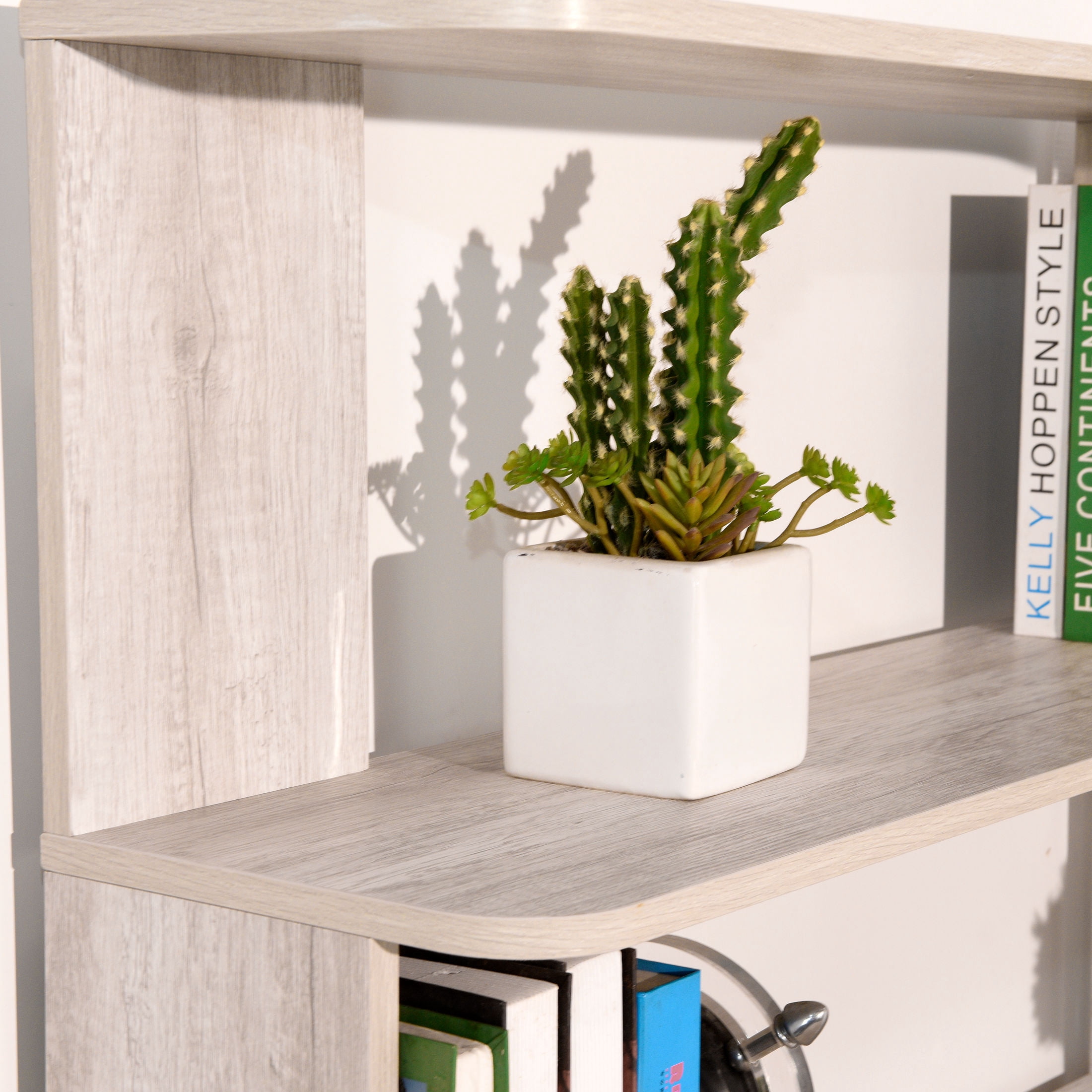 GDF Studio Derwin 5-Tier Corner Bookshelf, L-Shaped Wooden Bookcase for Living Room, Home Office, Light Gray