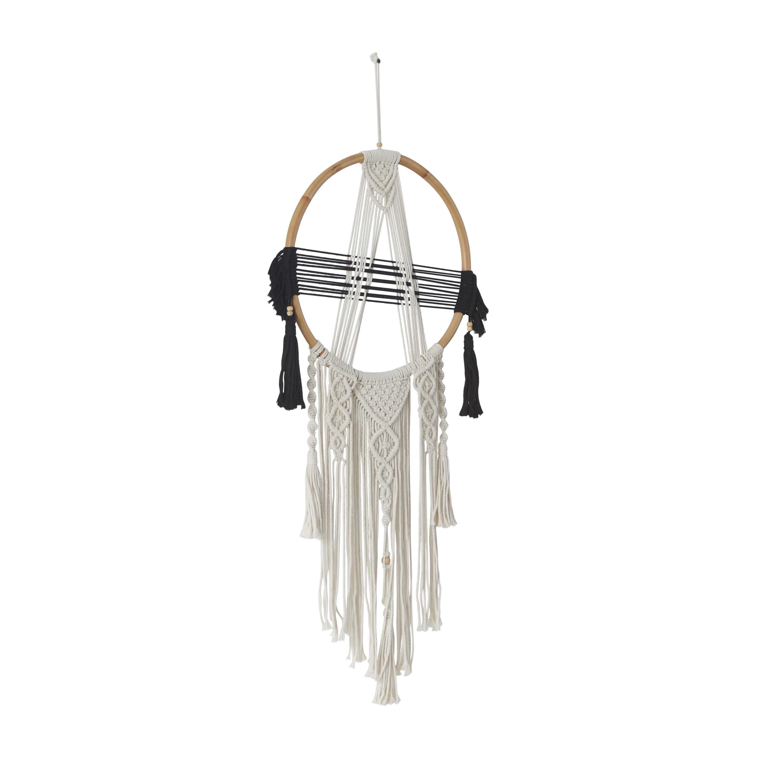 DecMode Black Cotton Handmade Intricately Weaved Macrame Wall Decor with Beaded Fringe Tassels
