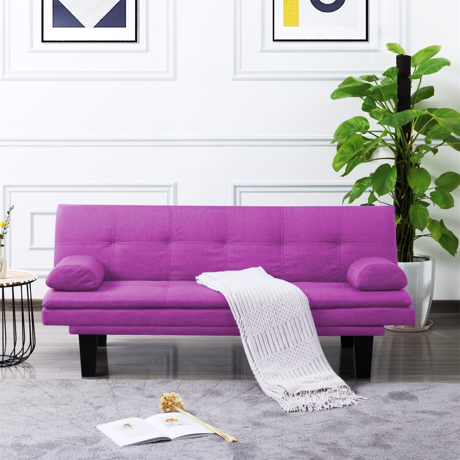 Kadyn 63.4" Futon Sofa bed, Polyester Upholstered Sofa bed with 2 arm cushions, Modern Futon Sofa bed for apartment, Purple