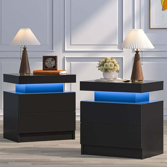 Cubehom Nightstand Set of 2 LED Bedside with 2 Drawers Wood for Adults Bedroom Room Black