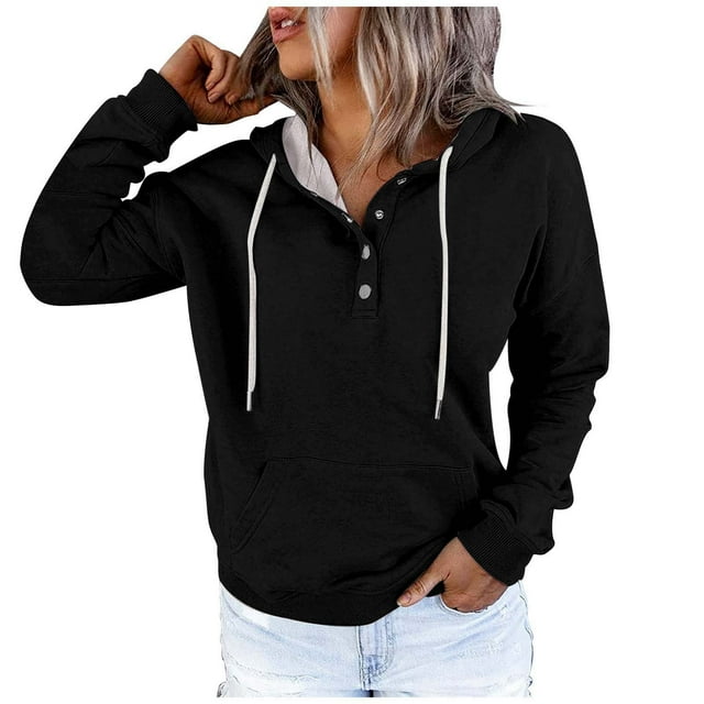 WEAIXIMIUNG Chandails en Molleton Graphiques pour Femmes Grande Taille Automne et Hiver Style de Rue à la Mode Couleur Unie Col à Boutons Poche Cordon de Serrage Chandail à Capuchon de Sport Décontracté
