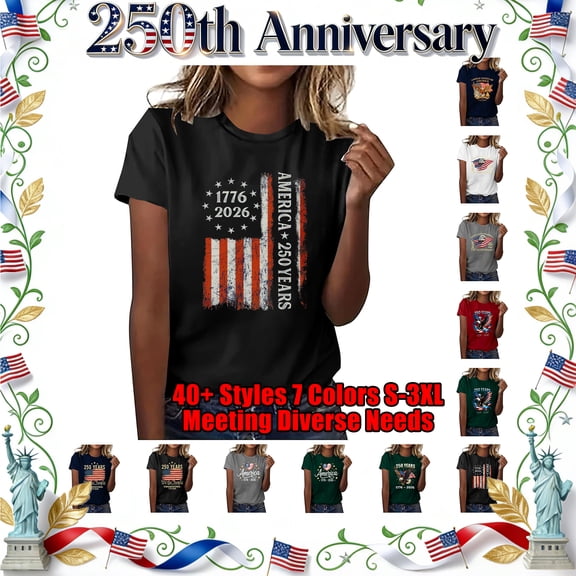 Lazyguy USA 250th Anniversary Celebration Women's Casual Short Sleeve Crew Neck Tops Loose Celebration Printing Patterns T-Shirts Party Outdoor Activities Shirts S-3XL Black
