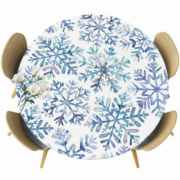 Blue Snowflake Christmas Round Tablecloth 45-54 Inch Round Fitted Table Cloth with Elastic Edge, Xmas Winter Snowflake Waterproof Table Cover Protector for Outdoor Picnic Party Dining